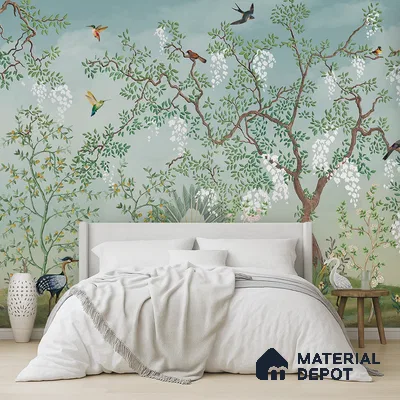 White Blossom Aviary Meadow Tropical Mist Nature Art | WP 03950 Non Woven Matte Finish Tropical Style Premium Customized size Wallpaper | 150 GSM WP01MTF Paper | (MOQ = 30 Sq. Ft.)