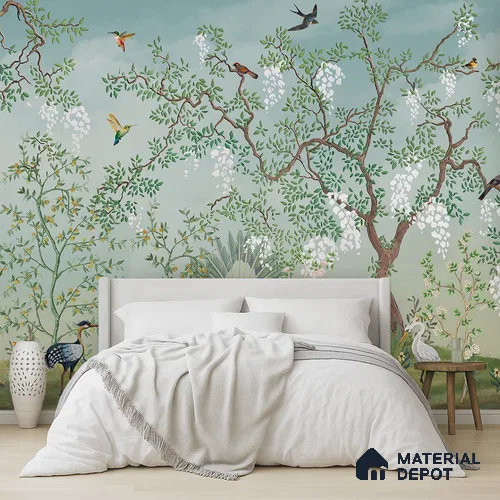 White Blossom Aviary Meadow Tropical Mist Nature Art | WP 03950 Non Woven Matte Finish Tropical Style Premium Customized size Wallpaper | 150 GSM WP01MTF Paper | (MOQ = 30 Sq. Ft.)