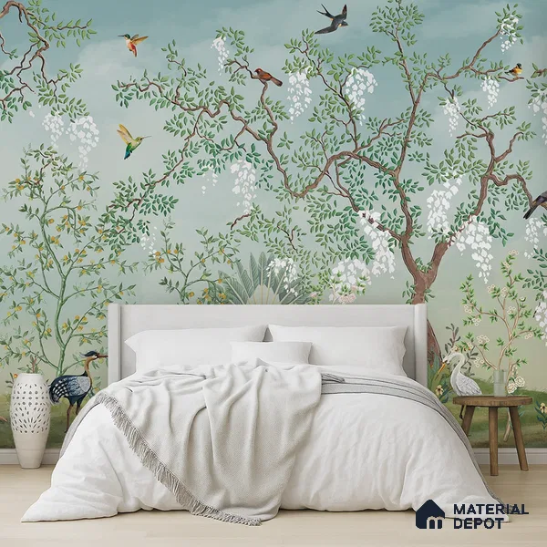 White Blossom Aviary Meadow Tropical Mist Nature Art | WP 03950 Non Woven Matte Finish Tropical Style Premium Customized size Wallpaper | 150 GSM WP01MTF Paper | (MOQ = 30 Sq. Ft.)
