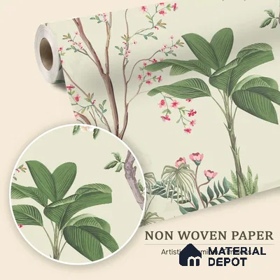 Soft Green Botanical Aviary Dreamy Artistic | WP 03951 Non Woven Matte Finish Chinoiserie Style Premium Customized size Wallpaper | 150 GSM WP01MTF Paper | (MOQ = 30 Sq. Ft.)