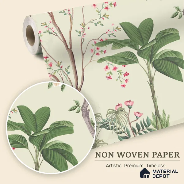 Soft Green Botanical Aviary Dreamy Artistic | WP 03951 Non Woven Matte Finish Chinoiserie Style Premium Customized size Wallpaper | 150 GSM WP01MTF Paper | (MOQ = 30 Sq. Ft.)