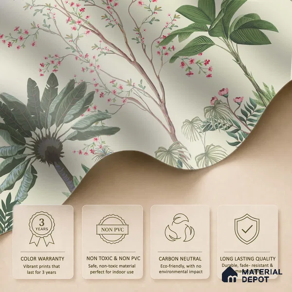 Soft Green Botanical Aviary Dreamy Artistic | WP 03951 Non Woven Matte Finish Chinoiserie Style Premium Customized size Wallpaper | 150 GSM WP01MTF Paper | (MOQ = 30 Sq. Ft.)