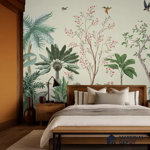 Soft Green Botanical Aviary Dreamy Artistic | WP 03951 Non Woven Matte Finish Chinoiserie Style Premium Customized size Wallpaper | 150 GSM WP01MTF Paper | (MOQ = 30 Sq. Ft.)