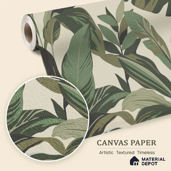 Modern Botanical Leaf Weave Leafy Hues Wall Art | WP 03952 B Canvas Texture Finish Tropical Style luxurious Customized size Wallpaper | 250 GSM WP01CNF Paper | (MOQ = 30 Sq. Ft.)
