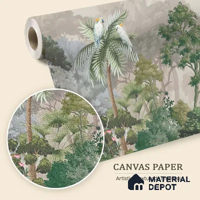 Misty Palm Canopy Parrot Tropical Nature Art | WP 03953 B Canvas Texture Finish Tropical Style luxurious Customized size Wallpaper | 250 GSM WP01CNF Paper | (MOQ = 30 Sq. Ft.)