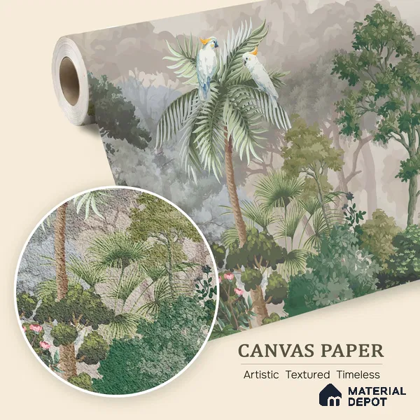 Misty Palm Canopy Parrot Tropical Nature Art | WP 03953 B Canvas Texture Finish Tropical Style luxurious Customized size Wallpaper | 250 GSM WP01CNF Paper | (MOQ = 30 Sq. Ft.)