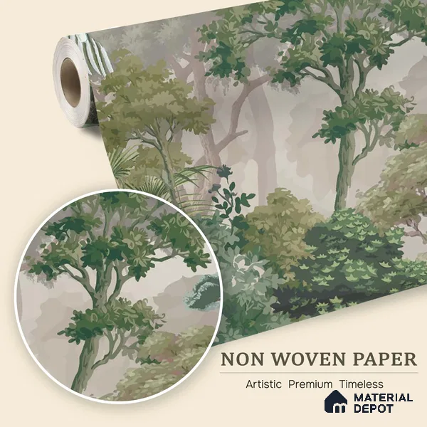 Misty Palm Canopy Parrot Tropical Nature Art | WP 03953 Non Woven Matte Finish Tropical Style Premium Customized size Wallpaper | 150 GSM WP01MTF Paper | (MOQ = 30 Sq. Ft.)