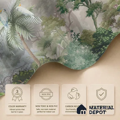 Misty Palm Canopy Parrot Tropical Nature Art | WP 03953 B Canvas Texture Finish Tropical Style luxurious Customized size Wallpaper | 250 GSM WP01CNF Paper | (MOQ = 30 Sq. Ft.)