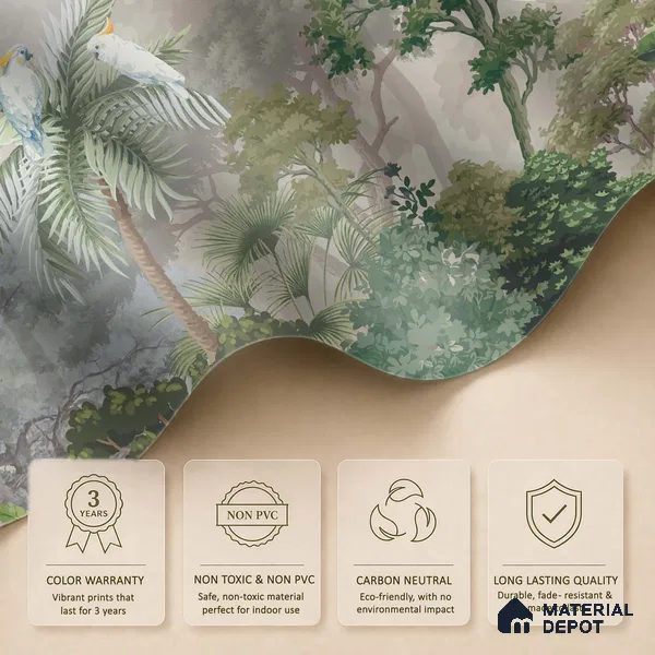 Misty Palm Canopy Parrot Tropical Nature Art | WP 03953 B Canvas Texture Finish Tropical Style luxurious Customized size Wallpaper | 250 GSM WP01CNF Paper | (MOQ = 30 Sq. Ft.)