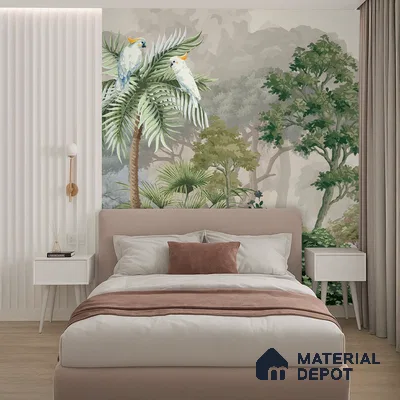 Misty Palm Canopy Parrot Tropical Nature Art | WP 03953 Non Woven Matte Finish Tropical Style Premium Customized size Wallpaper | 150 GSM WP01MTF Paper | (MOQ = 30 Sq. Ft.)
