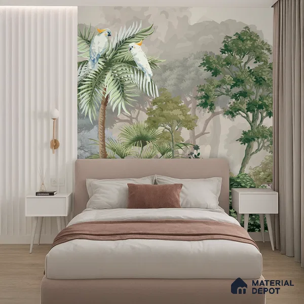 Misty Palm Canopy Parrot Tropical Nature Art | WP 03953 Non Woven Matte Finish Tropical Style Premium Customized size Wallpaper | 150 GSM WP01MTF Paper | (MOQ = 30 Sq. Ft.)