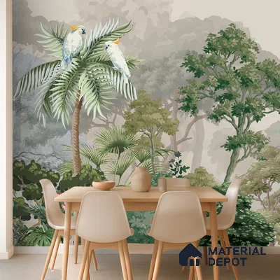 Misty Palm Canopy Parrot Tropical Nature Art | WP 03953 Non Woven Matte Finish Tropical Style Premium Customized size Wallpaper | 150 GSM WP01MTF Paper | (MOQ = 30 Sq. Ft.)