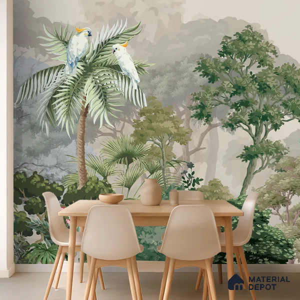 Misty Palm Canopy Parrot Tropical Nature Art | WP 03953 Non Woven Matte Finish Tropical Style Premium Customized size Wallpaper | 150 GSM WP01MTF Paper | (MOQ = 30 Sq. Ft.)
