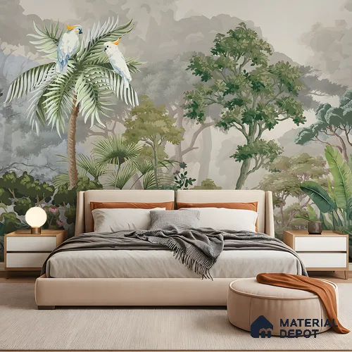 Misty Palm Canopy Parrot Tropical Nature Art | WP 03953 Non Woven Matte Finish Tropical Style Premium Customized size Wallpaper | 150 GSM WP01MTF Paper | (MOQ = 30 Sq. Ft.)