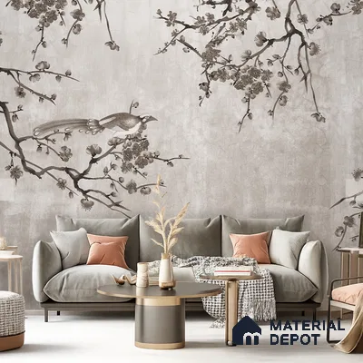 Ink Blossom Bird Reverie Chinoserie Mural Art | WP 03954 Non Woven Matte Finish Chinoiserie Style Premium Customized size Wallpaper | 150 GSM WP01MTF Paper | (MOQ = 30 Sq. Ft.) | Design change not possible