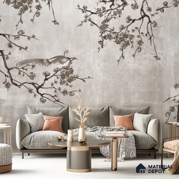 Ink Blossom Bird Reverie Chinoserie Mural Art | WP 03954 Non Woven Matte Finish Chinoiserie Style Premium Customized size Wallpaper | 150 GSM WP01MTF Paper | (MOQ = 30 Sq. Ft.) | Design change not possible