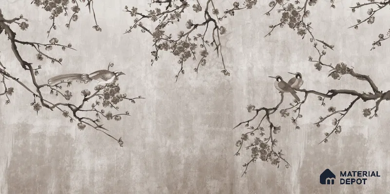 Ink Blossom Bird Reverie Chinoserie Mural Art | WP 03954 Non Woven Matte Finish Chinoiserie Style Premium Customized size Wallpaper | 150 GSM WP01MTF Paper | (MOQ = 30 Sq. Ft.) | Design change not possible