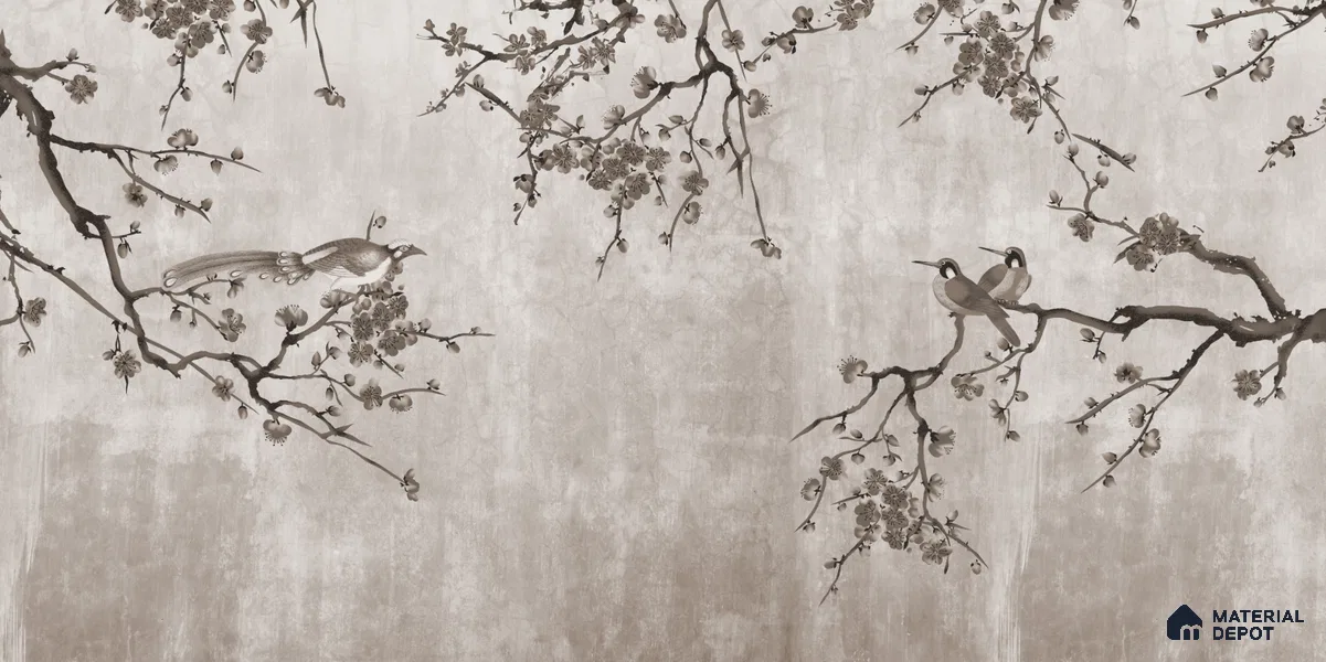 Ink Blossom Bird Reverie Chinoserie Mural Art | WP 03954 Non Woven Matte Finish Chinoiserie Style Premium Customized size Wallpaper | 150 GSM WP01MTF Paper | (MOQ = 30 Sq. Ft.) | Design change not possible