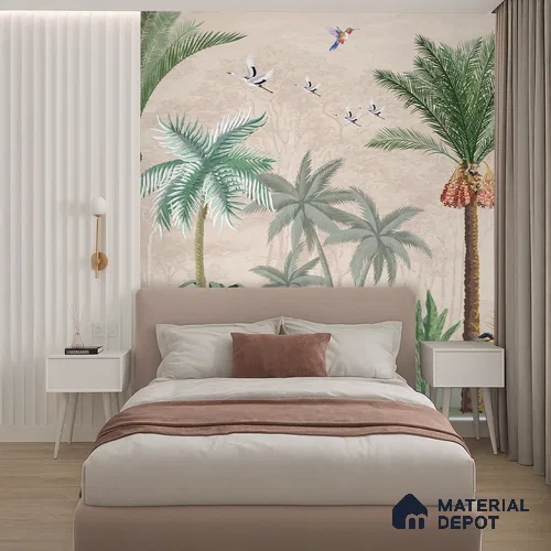 Palm Canopy Bird Haven Dreamy Artistic | WP 03955 B Canvas Texture Finish Tropical Style luxurious Customized size Wallpaper | 250 GSM WP01CNF Paper | (MOQ = 30 Sq. Ft.)
