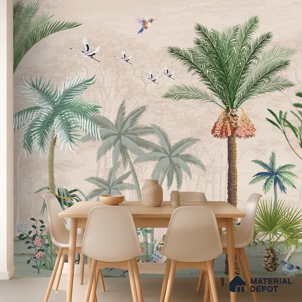 Palm Canopy Bird Haven Dreamy Artistic | WP 03955 Non Woven Matte Finish Tropical Style Premium Customized size Wallpaper | 150 GSM WP01MTF Paper | (MOQ = 30 Sq. Ft.)