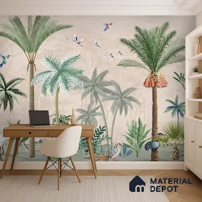 Palm Canopy Bird Haven Dreamy Artistic | WP 03955 Non Woven Matte Finish Tropical Style Premium Customized size Wallpaper | 150 GSM WP01MTF Paper | (MOQ = 30 Sq. Ft.)