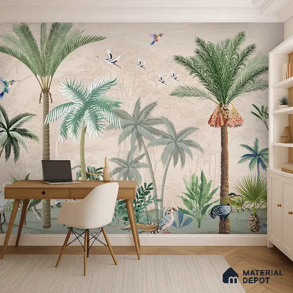 Palm Canopy Bird Haven Dreamy Artistic | WP 03955 Non Woven Matte Finish Tropical Style Premium Customized size Wallpaper | 150 GSM WP01MTF Paper | (MOQ = 30 Sq. Ft.)