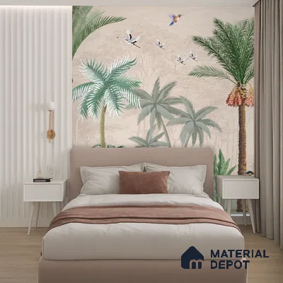 Palm Canopy Bird Haven Dreamy Artistic | WP 03955 Non Woven Matte Finish Tropical Style Premium Customized size Wallpaper | 150 GSM WP01MTF Paper | (MOQ = 30 Sq. Ft.)