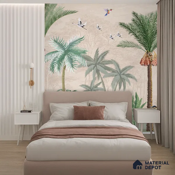 Palm Canopy Bird Haven Dreamy Artistic | WP 03955 Non Woven Matte Finish Tropical Style Premium Customized size Wallpaper | 150 GSM WP01MTF Paper | (MOQ = 30 Sq. Ft.)
