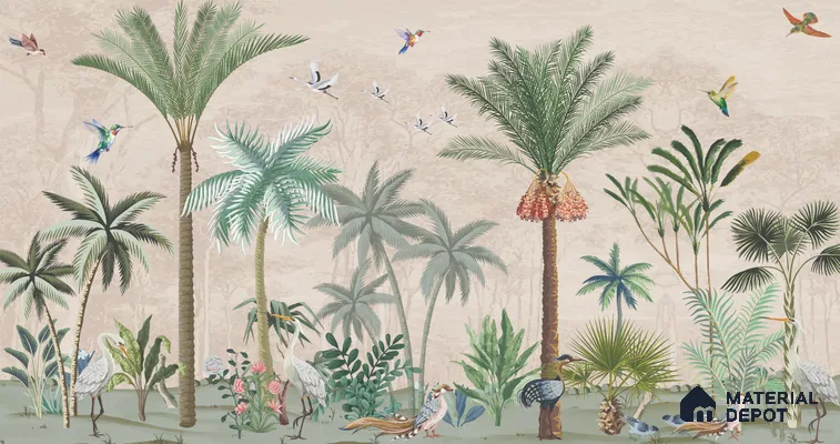 Palm Canopy Bird Haven Dreamy Artistic | WP 03955 Non Woven Matte Finish Tropical Style Premium Customized size Wallpaper | 150 GSM WP01MTF Paper | (MOQ = 30 Sq. Ft.)