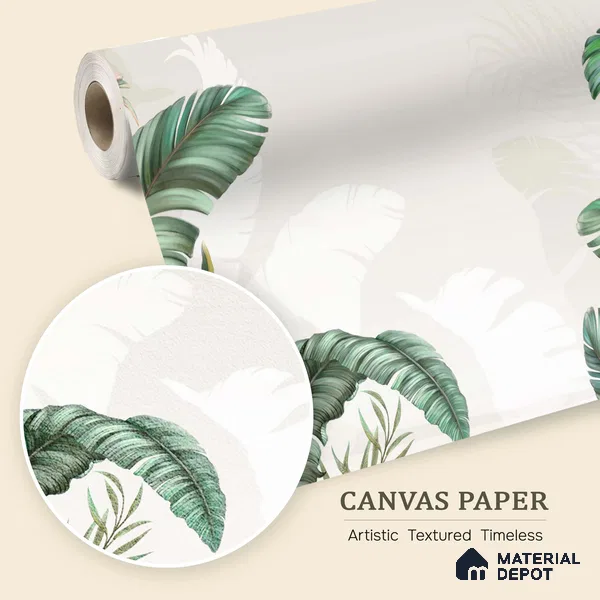 Sculpted Banana Leaf Calm Tropical Mist Nature Art | WP 03956 B Canvas Texture Finish Tropical Style luxurious Customized size Wallpaper | 250 GSM WP01CNF Paper | (MOQ = 30 Sq. Ft.) | Design change not possible