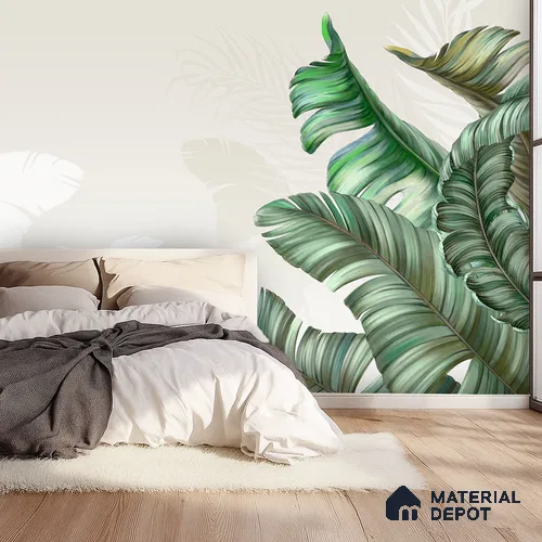 Sculpted Banana Leaf Calm Tropical Mist Nature Art | WP 03956 Non Woven Matte Finish Tropical Style Premium Customized size Wallpaper | 150 GSM WP01MTF Paper | (MOQ = 30 Sq. Ft.) | Design change not possible