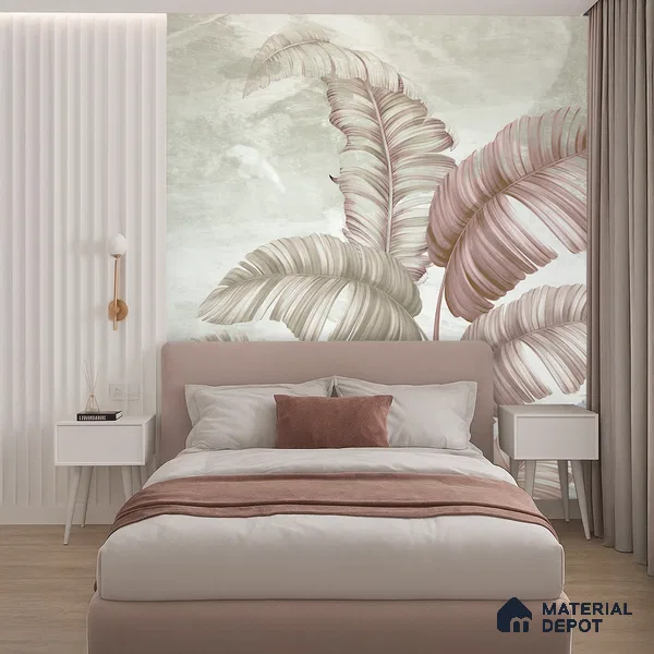 Blush Banana Leaf Hush Tropical Mist Nature Art | WP 03958 Non Woven Matte Finish Tropical Style Premium Customized size Wallpaper | 150 GSM WP01MTF Paper | (MOQ = 30 Sq. Ft.) | Design change not possible