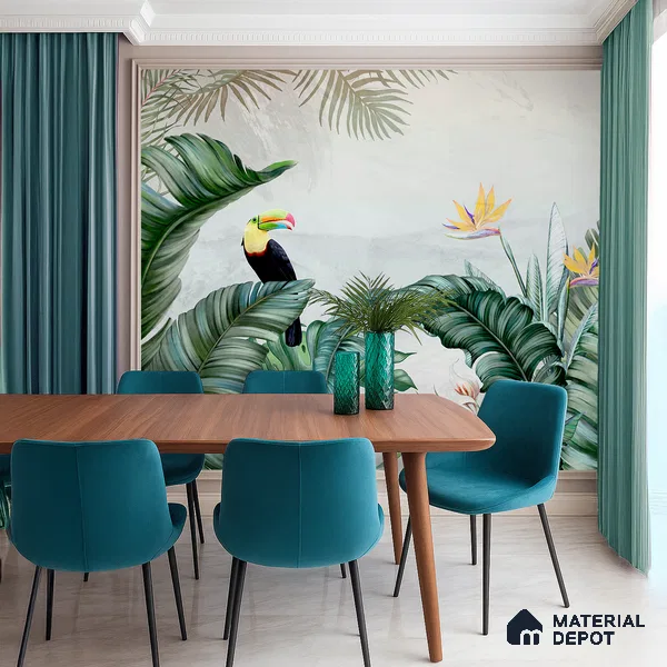 Tropical Canopy Birds Paradise Tropical Mist Nature Art | WP 03959 B Canvas Texture Finish Tropical Style luxurious Customized size Wallpaper | 250 GSM WP01CNF Paper | (MOQ = 30 Sq. Ft.) | Design change not possible
