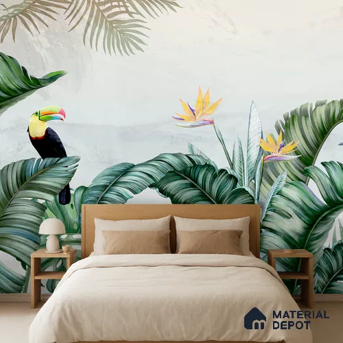 Tropical Canopy Birds Paradise Tropical Mist Nature Art | WP 03959 B Canvas Texture Finish Tropical Style luxurious Customized size Wallpaper | 250 GSM WP01CNF Paper | (MOQ = 30 Sq. Ft.) | Design change not possible