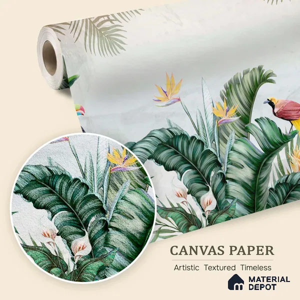 Tropical Canopy Birds Paradise Tropical Mist Nature Art | WP 03959 B Canvas Texture Finish Tropical Style luxurious Customized size Wallpaper | 250 GSM WP01CNF Paper | (MOQ = 30 Sq. Ft.) | Design change not possible