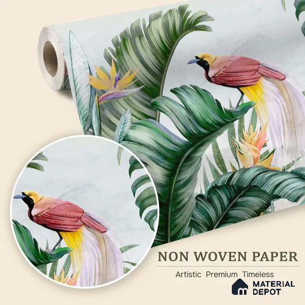 Tropical Canopy Birds Paradise Tropical Mist Nature Art | WP 03959 Non Woven Matte Finish Tropical Style Premium Customized size Wallpaper | 150 GSM WP01MTF Paper | (MOQ = 30 Sq. Ft.) | Design change not possible