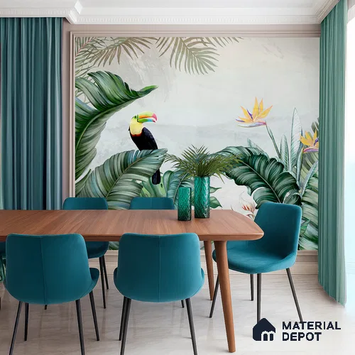 Tropical Canopy Birds Paradise Tropical Mist Nature Art | WP 03959 Non Woven Matte Finish Tropical Style Premium Customized size Wallpaper | 150 GSM WP01MTF Paper | (MOQ = 30 Sq. Ft.) | Design change not possible