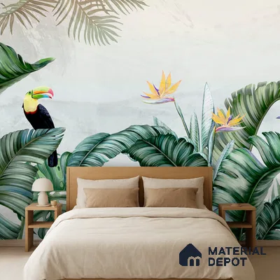 Tropical Canopy Birds Paradise Tropical Mist Nature Art | WP 03959 Non Woven Matte Finish Tropical Style Premium Customized size Wallpaper | 150 GSM WP01MTF Paper | (MOQ = 30 Sq. Ft.) | Design change not possible