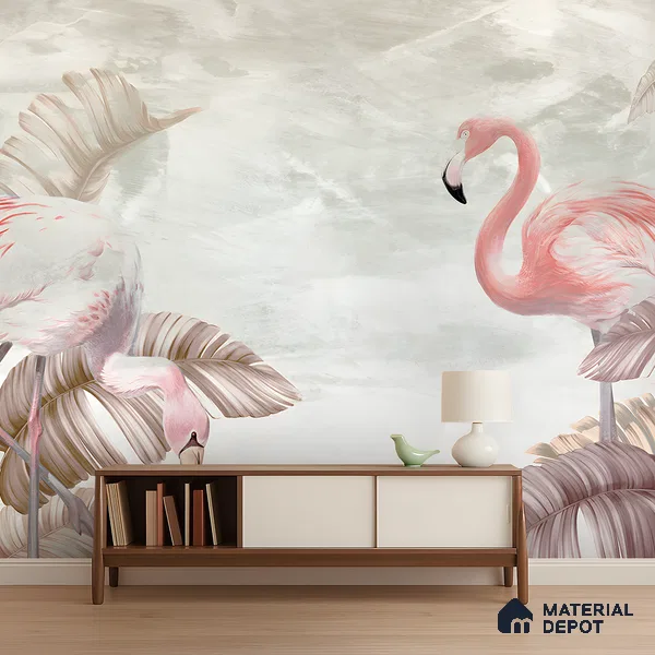 Blush Flamingo Palm Serenity Tropical Mist Nature Art | WP 03960 B Canvas Texture Finish Tropical Style luxurious Customized size Wallpaper | 250 GSM WP01CNF Paper | (MOQ = 30 Sq. Ft.) | Design change not possible