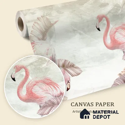 Blush Flamingo Palm Serenity Tropical Mist Nature Art | WP 03960 B Canvas Texture Finish Tropical Style luxurious Customized size Wallpaper | 250 GSM WP01CNF Paper | (MOQ = 30 Sq. Ft.) | Design change not possible