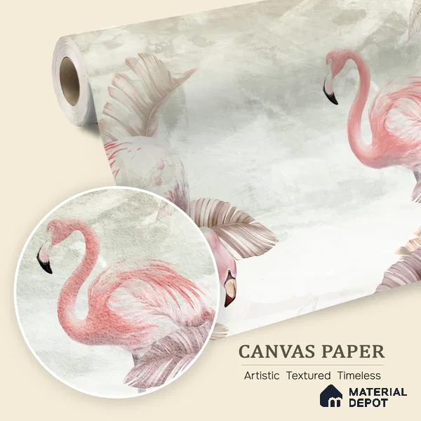 Blush Flamingo Palm Serenity Tropical Mist Nature Art | WP 03960 B Canvas Texture Finish Tropical Style luxurious Customized size Wallpaper | 250 GSM WP01CNF Paper | (MOQ = 30 Sq. Ft.) | Design change not possible