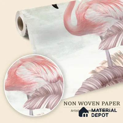 Blush Flamingo Palm Serenity Tropical Mist Nature Art | WP 03960 Non Woven Matte Finish Tropical Style Premium Customized size Wallpaper | 150 GSM WP01MTF Paper | (MOQ = 30 Sq. Ft.) | Design change not possible