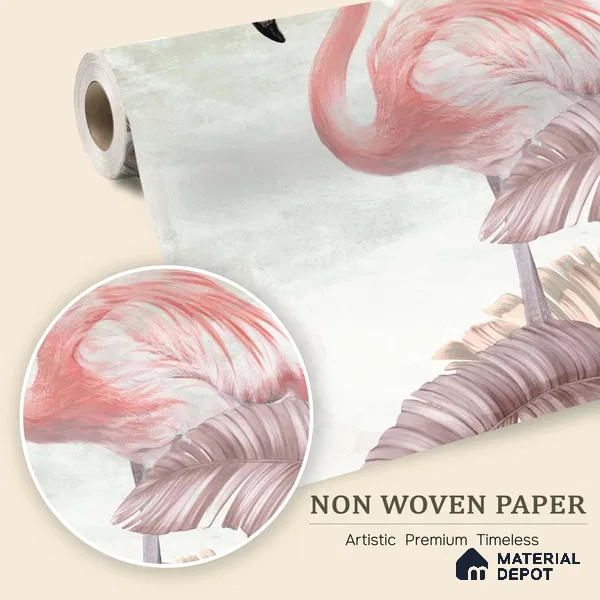 Blush Flamingo Palm Serenity Tropical Mist Nature Art | WP 03960 Non Woven Matte Finish Tropical Style Premium Customized size Wallpaper | 150 GSM WP01MTF Paper | (MOQ = 30 Sq. Ft.) | Design change not possible