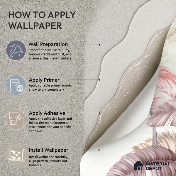 Blush Flamingo Palm Serenity Tropical Mist Nature Art | WP 03960 Non Woven Matte Finish Tropical Style Premium Customized size Wallpaper | 150 GSM WP01MTF Paper | (MOQ = 30 Sq. Ft.) | Design change not possible
