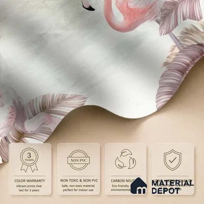 Blush Flamingo Palm Serenity Tropical Mist Nature Art | WP 03960 Non Woven Matte Finish Tropical Style Premium Customized size Wallpaper | 150 GSM WP01MTF Paper | (MOQ = 30 Sq. Ft.) | Design change not possible
