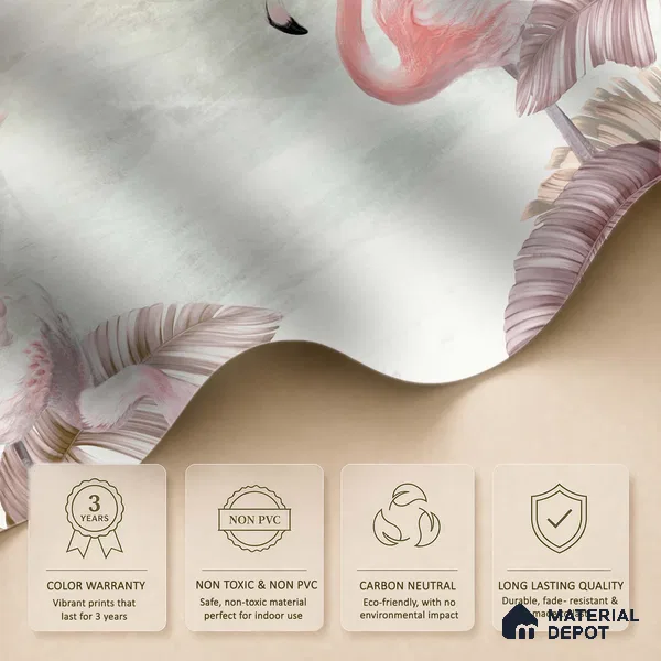 Blush Flamingo Palm Serenity Tropical Mist Nature Art | WP 03960 Non Woven Matte Finish Tropical Style Premium Customized size Wallpaper | 150 GSM WP01MTF Paper | (MOQ = 30 Sq. Ft.) | Design change not possible