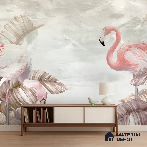 Blush Flamingo Palm Serenity Tropical Mist Nature Art | WP 03960 Non Woven Matte Finish Tropical Style Premium Customized size Wallpaper | 150 GSM WP01MTF Paper | (MOQ = 30 Sq. Ft.) | Design change not possible