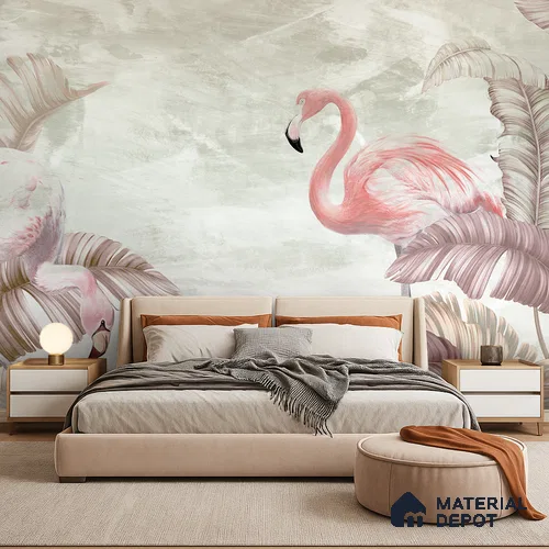 Blush Flamingo Palm Serenity Tropical Mist Nature Art | WP 03960 Non Woven Matte Finish Tropical Style Premium Customized size Wallpaper | 150 GSM WP01MTF Paper | (MOQ = 30 Sq. Ft.) | Design change not possible