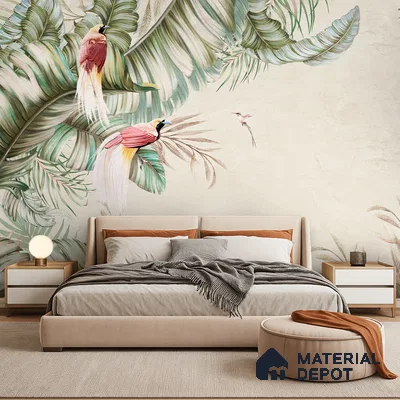 Soft Tropic Aviary Frame Tropical Mist Nature Art | WP 03961 B Canvas Texture Finish Tropical Style luxurious Customized size Wallpaper | 250 GSM WP01CNF Paper | (MOQ = 30 Sq. Ft.) | Design change not possible