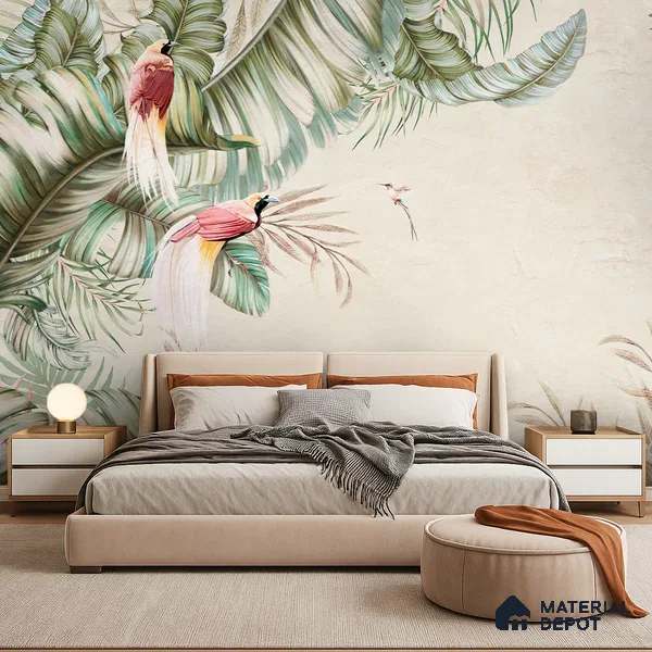 Soft Tropic Aviary Frame Tropical Mist Nature Art | WP 03961 B Canvas Texture Finish Tropical Style luxurious Customized size Wallpaper | 250 GSM WP01CNF Paper | (MOQ = 30 Sq. Ft.) | Design change not possible